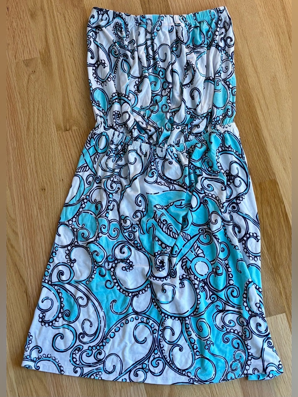 Lilly Pulitzer Strapless Turquoise and White Swirl Print Dress
